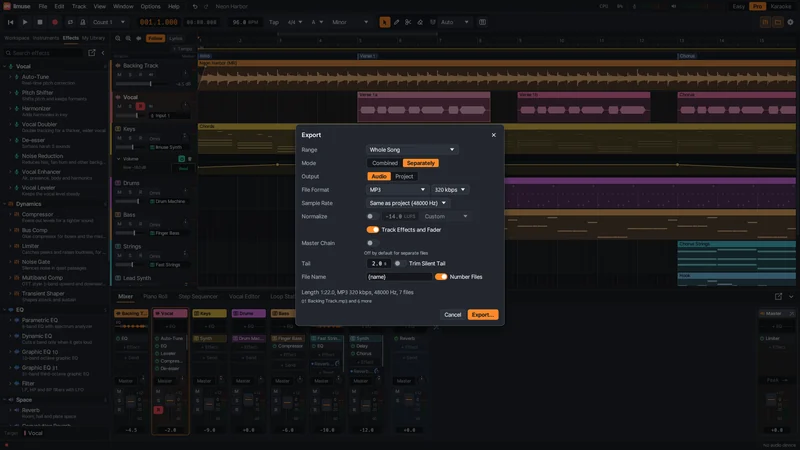 Export dialog set to one MP3 file per track