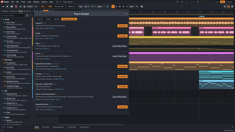 Free instruments catalog with synths, pianos, strings and an effect