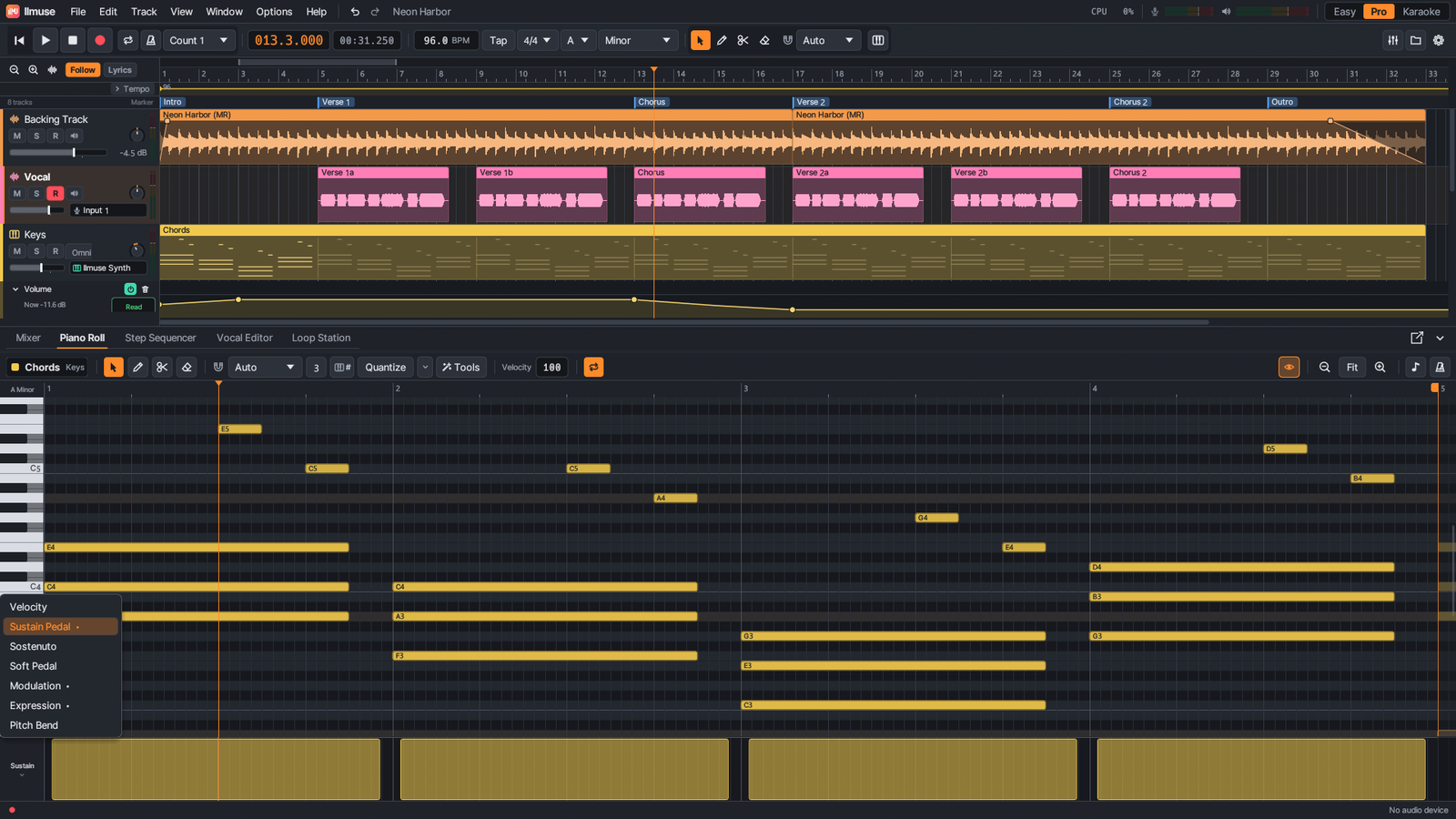 The piano roll with the controller lane menu and a sustain pedal lane under the chords