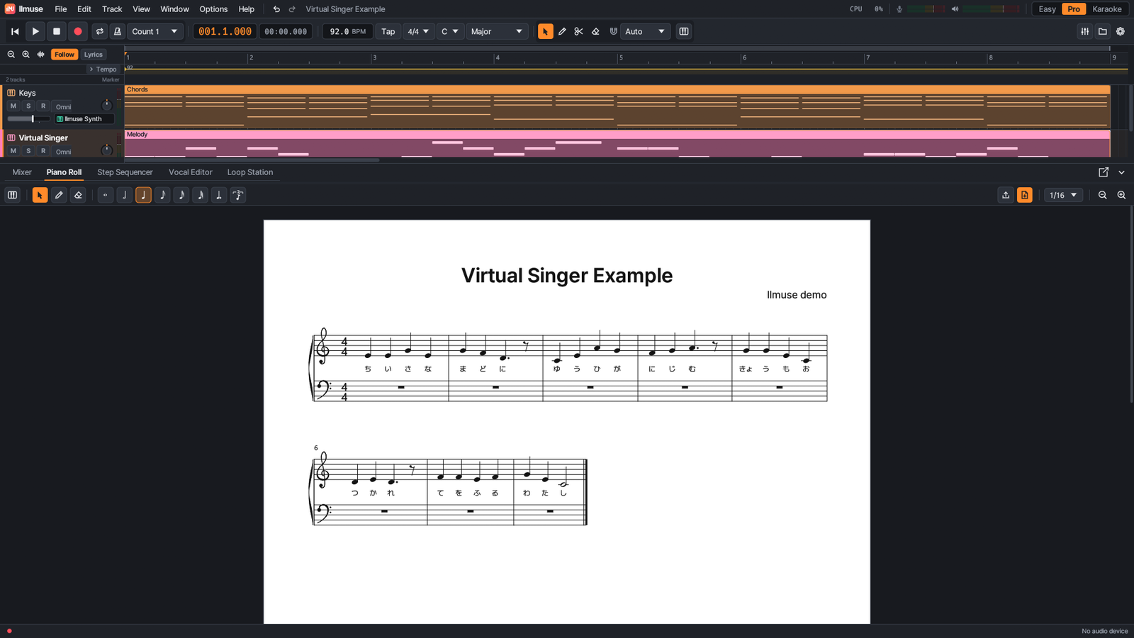 Score View of the virtual singer melody, with the lyrics under each note