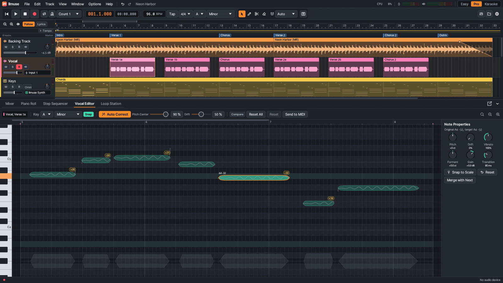 The vocal editor after Auto Correct, with the pitch line and the properties of the selected note